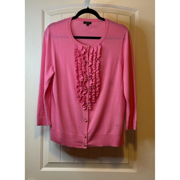 TALBOTS New Pink Ruffle Front Cardigan Sweater 3/4 Sleeve Gold Button Sz L # - Picture 2 of 12